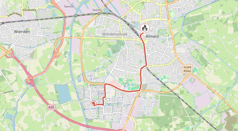 Kaart van de omgeving van de melding, met de kazerne die is gealarmeerd