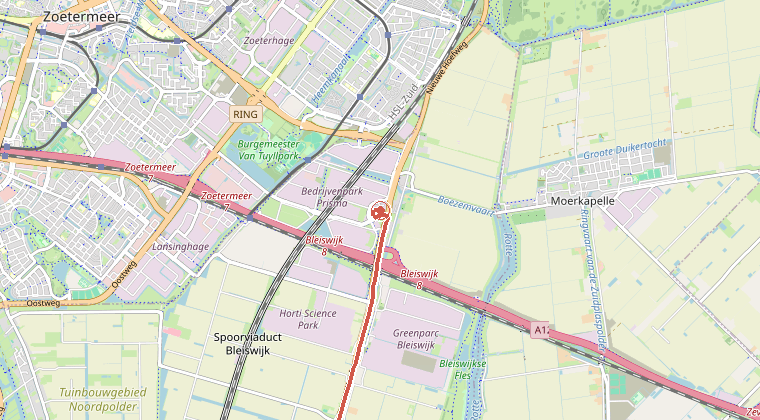 Kaart van de omgeving van de melding, met de kazerne die is gealarmeerd