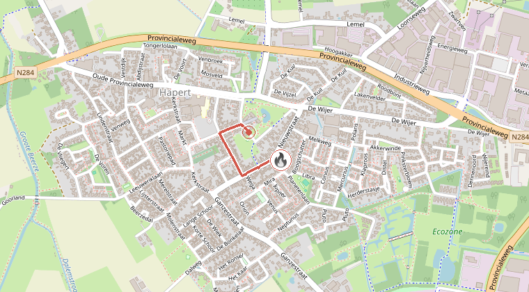 Kaart van de omgeving van de melding, met de kazerne die is gealarmeerd