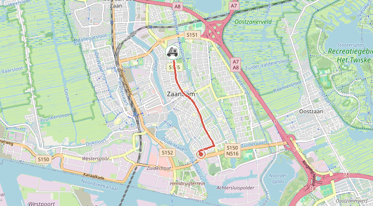 Kaart van de omgeving van de melding, met de kazerne die is gealarmeerd