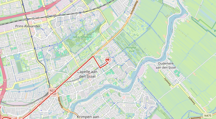 Kaart van de omgeving van de melding, met de kazerne die is gealarmeerd