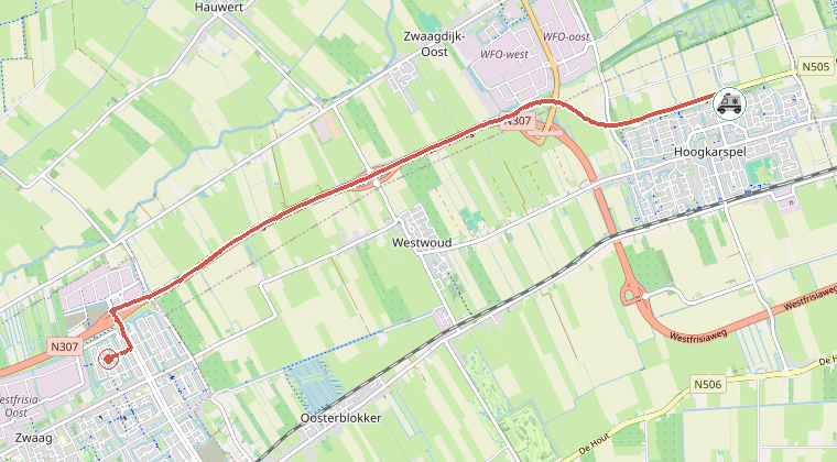 Kaart van de omgeving van de melding, met de kazerne die is gealarmeerd