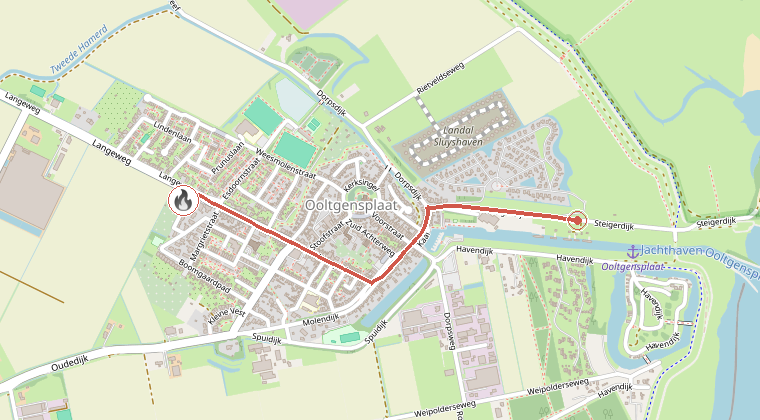 Kaart van de omgeving van de melding, met de kazerne die is gealarmeerd