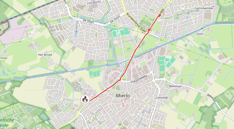 Kaart van de omgeving van de melding, met de kazerne die is gealarmeerd