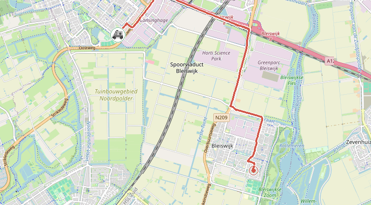 Kaart van de omgeving van de melding, met de kazerne die is gealarmeerd