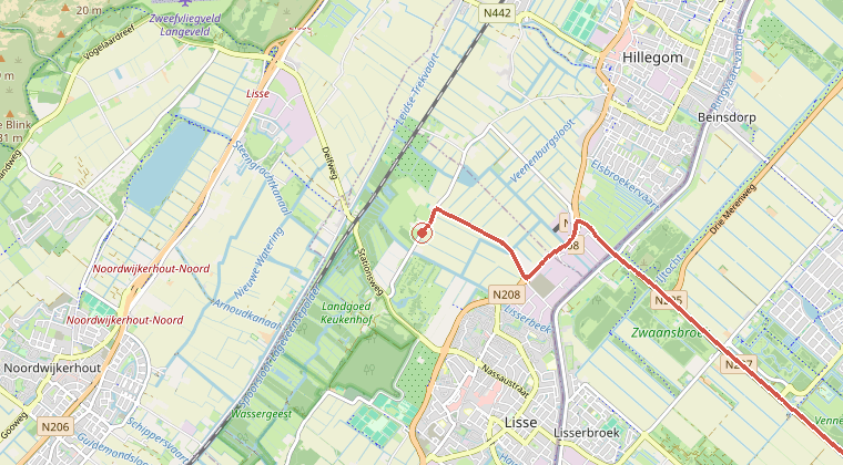 Kaart van de omgeving van de melding, met de kazerne die is gealarmeerd