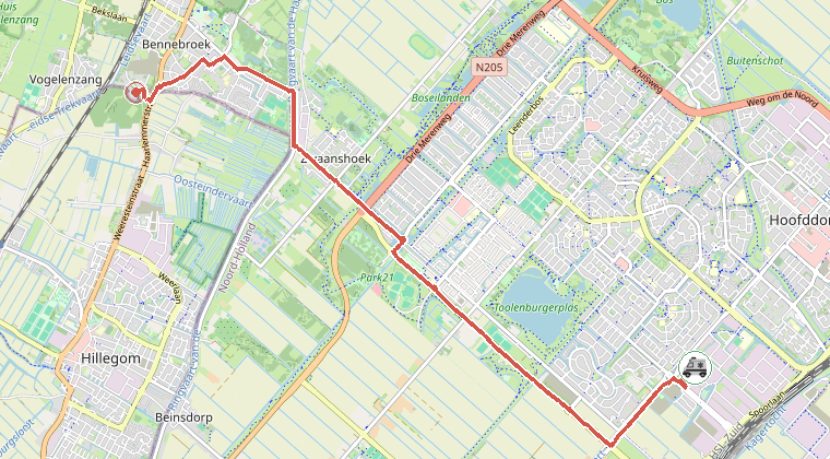 Kaart van de omgeving van de melding, met de kazerne die is gealarmeerd