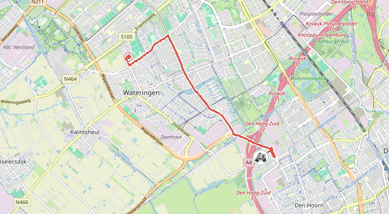 Kaart van de omgeving van de melding, met de kazerne die is gealarmeerd