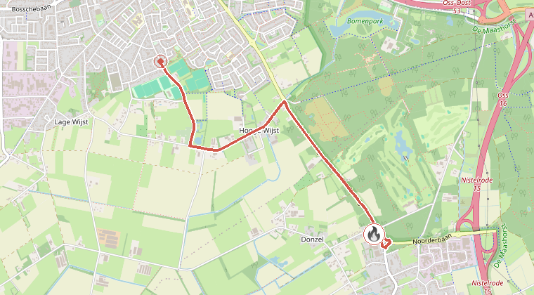 Kaart van de omgeving van de melding, met de kazerne die is gealarmeerd