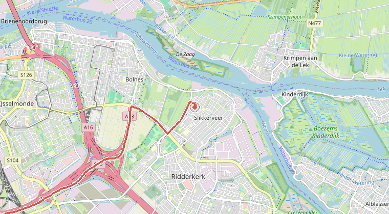 Kaart van de omgeving van de melding, met de kazerne die is gealarmeerd