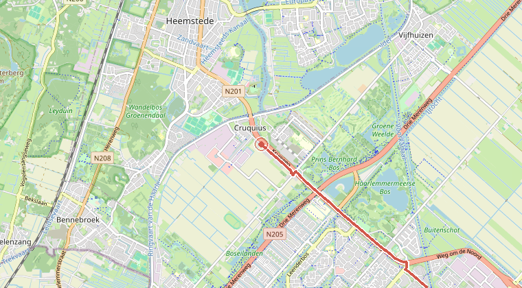 Kaart van de omgeving van de melding, met de kazerne die is gealarmeerd