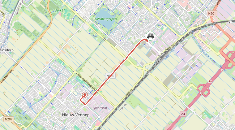 Kaart van de omgeving van de melding, met de kazerne die is gealarmeerd