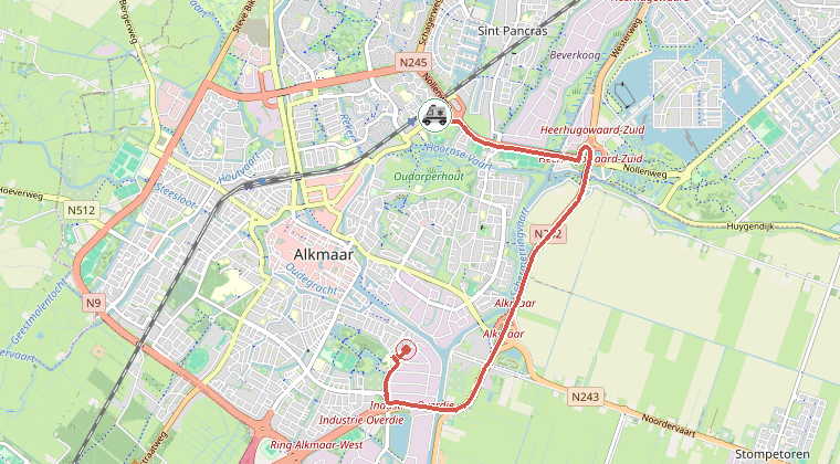 Kaart van de omgeving van de melding, met de kazerne die is gealarmeerd