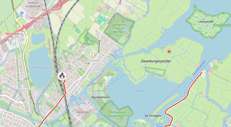 Kaart van de omgeving van de melding, met de kazerne die is gealarmeerd
