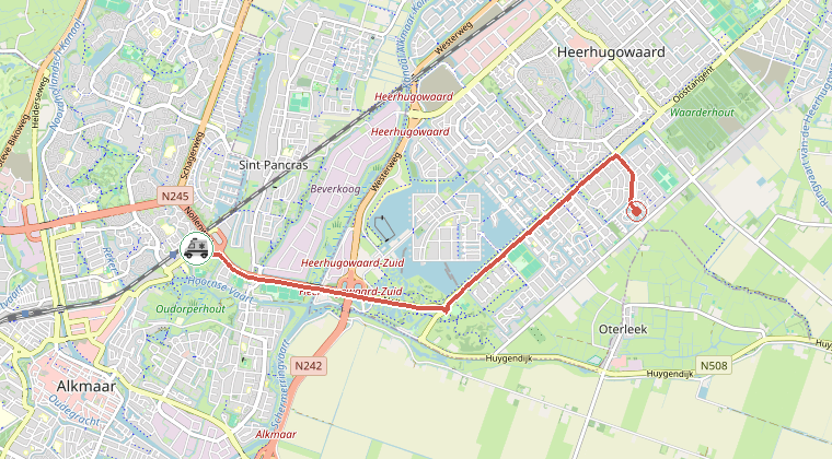 Kaart van de omgeving van de melding, met de kazerne die is gealarmeerd