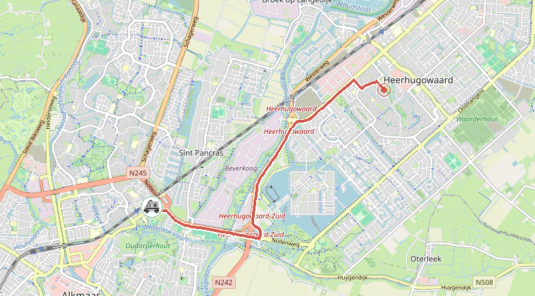 Kaart van de omgeving van de melding, met de kazerne die is gealarmeerd