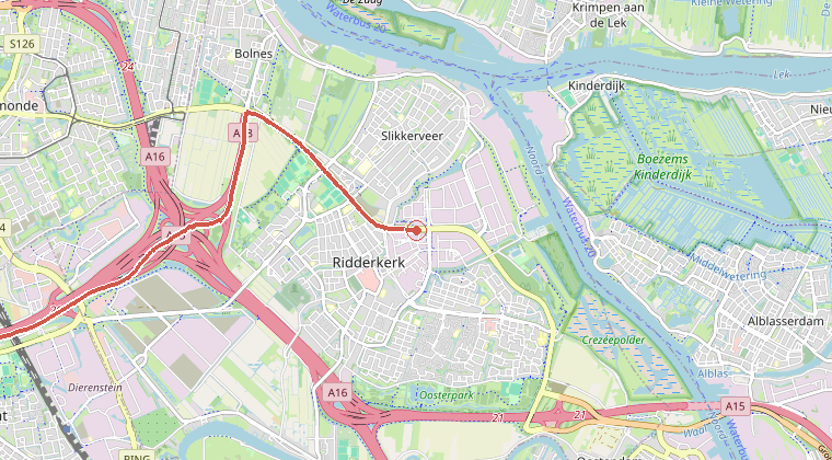 Kaart van de omgeving van de melding, met de kazerne die is gealarmeerd