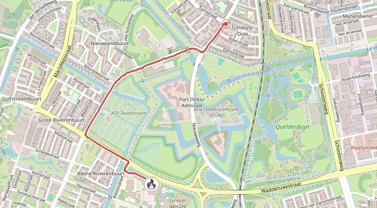 Kaart van de omgeving van de melding, met de kazerne die is gealarmeerd