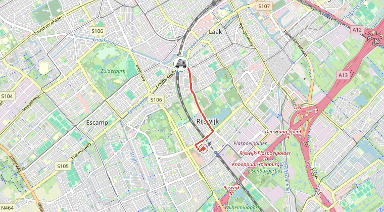Kaart van de omgeving van de melding, met de kazerne die is gealarmeerd