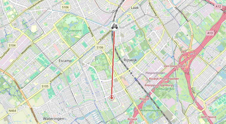 Kaart van de omgeving van de melding, met de kazerne die is gealarmeerd