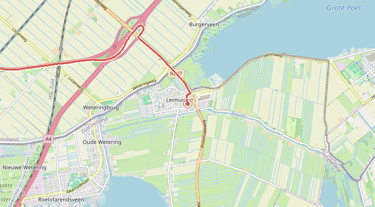 Kaart van de omgeving van de melding, met de kazerne die is gealarmeerd