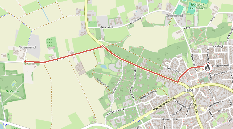 Kaart van de omgeving van de melding, met de kazerne die is gealarmeerd