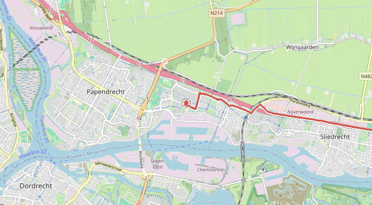 Kaart van de omgeving van de melding, met de kazerne die is gealarmeerd
