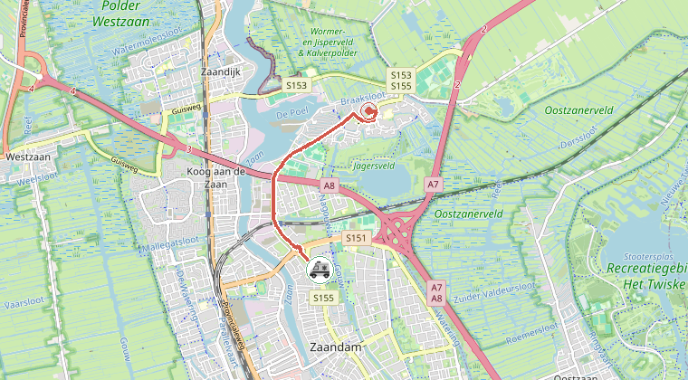 Kaart van de omgeving van de melding, met de kazerne die is gealarmeerd