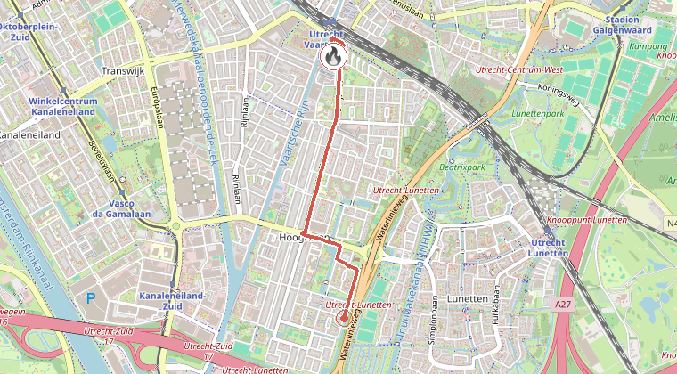 Kaart van de omgeving van de melding, met de kazerne die is gealarmeerd