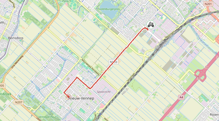 Kaart van de omgeving van de melding, met de kazerne die is gealarmeerd