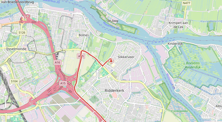 Kaart van de omgeving van de melding, met de kazerne die is gealarmeerd