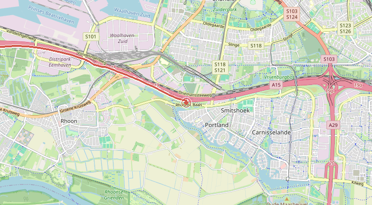 Kaart van de omgeving van de melding, met de kazerne die is gealarmeerd