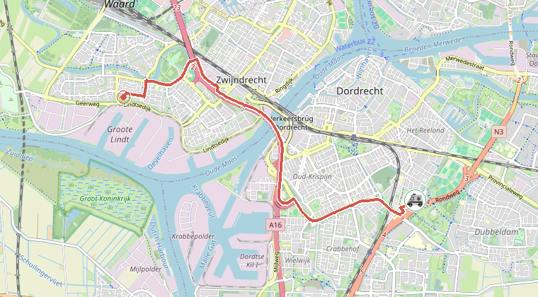 Kaart van de omgeving van de melding, met de kazerne die is gealarmeerd