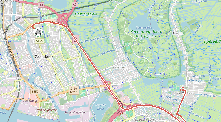 Kaart van de omgeving van de melding, met de kazerne die is gealarmeerd