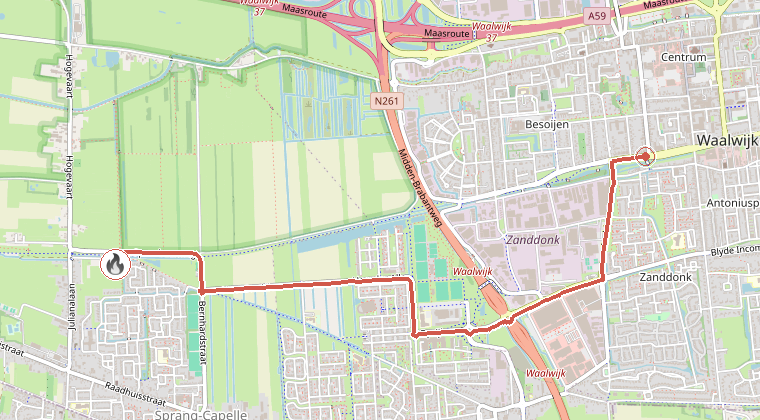 Kaart van de omgeving van de melding, met de kazerne die is gealarmeerd