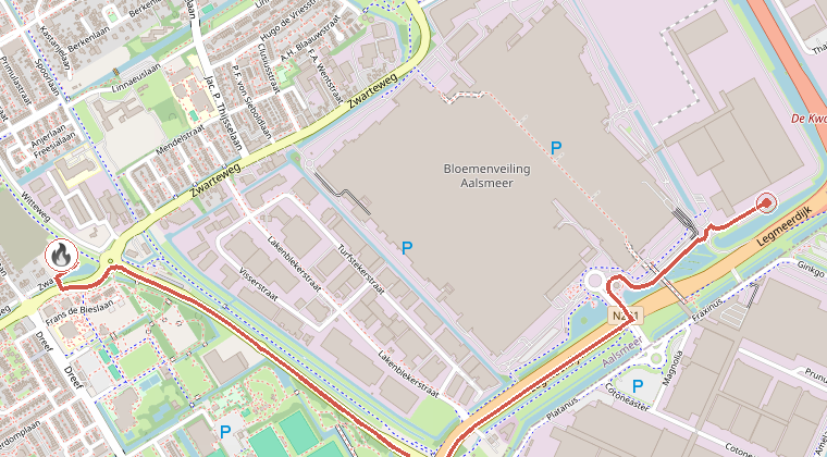 Kaart van de omgeving van de melding, met de kazerne die is gealarmeerd