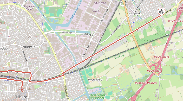 Kaart van de omgeving van de melding, met de kazerne die is gealarmeerd