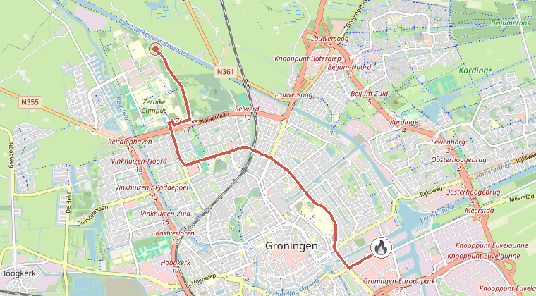 Kaart van de omgeving van de melding, met de kazerne die is gealarmeerd