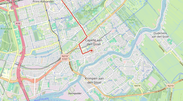 Kaart van de omgeving van de melding, met de kazerne die is gealarmeerd