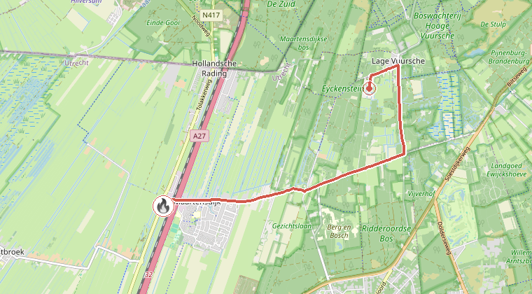 Kaart van de omgeving van de melding, met de kazerne die is gealarmeerd
