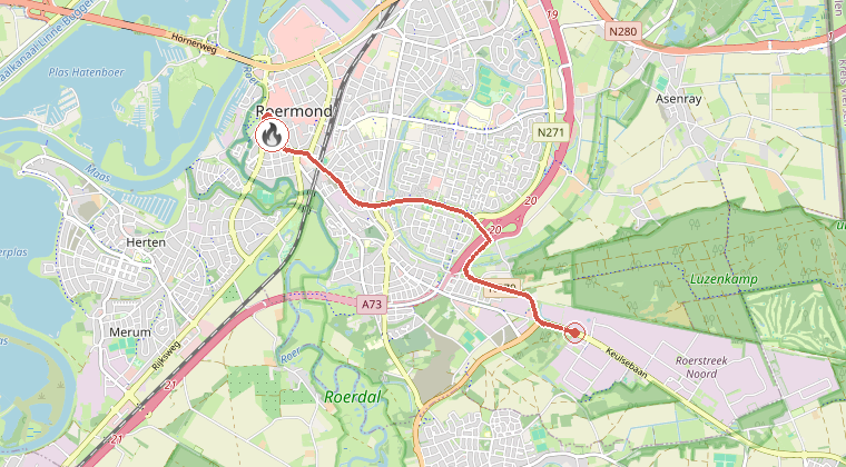 Kaart van de omgeving van de melding, met de kazerne die is gealarmeerd