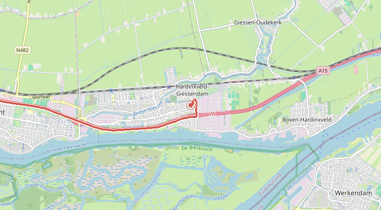 Kaart van de omgeving van de melding, met de kazerne die is gealarmeerd