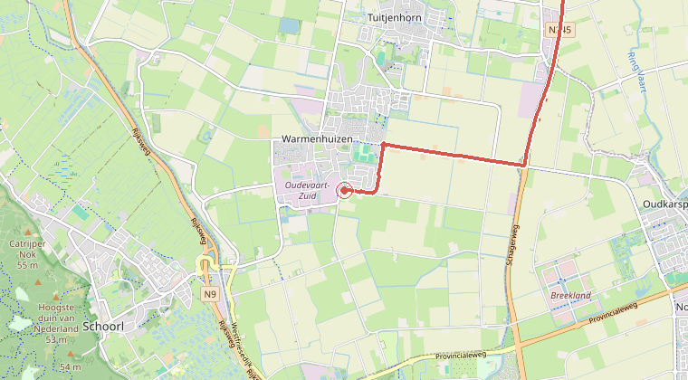 Kaart van de omgeving van de melding, met de kazerne die is gealarmeerd