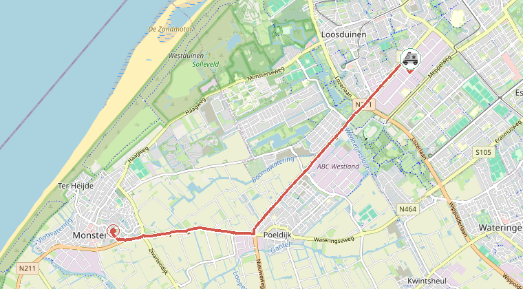 Kaart van de omgeving van de melding, met de kazerne die is gealarmeerd