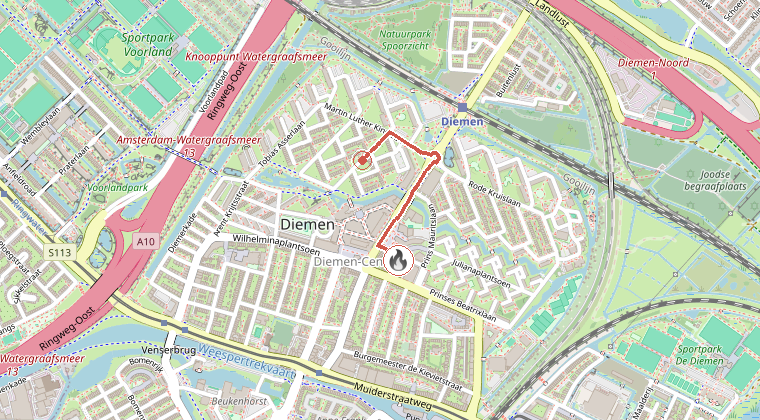 Kaart van de omgeving van de melding, met de kazerne die is gealarmeerd