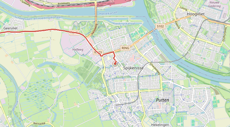 Kaart van de omgeving van de melding, met de kazerne die is gealarmeerd