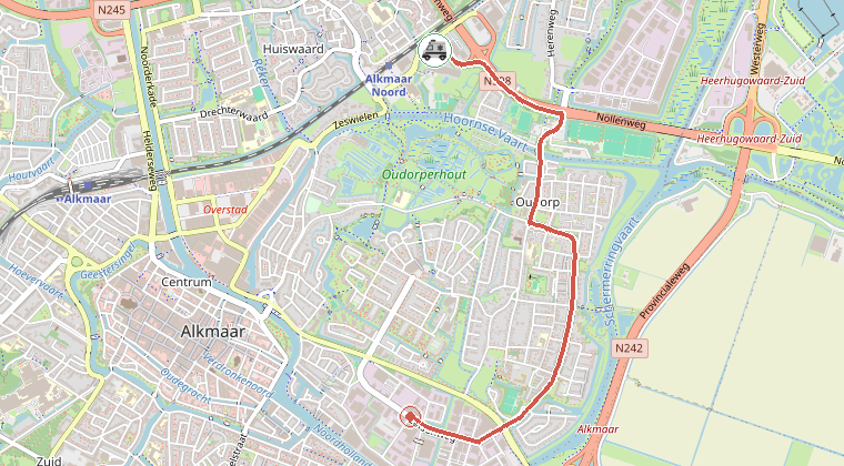 Kaart van de omgeving van de melding, met de kazerne die is gealarmeerd