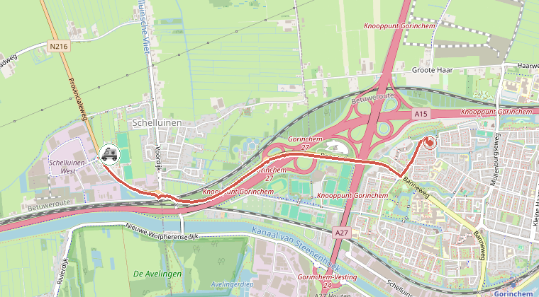 Kaart van de omgeving van de melding, met de kazerne die is gealarmeerd