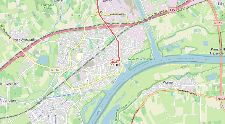 Kaart van de omgeving van de melding, met de kazerne die is gealarmeerd