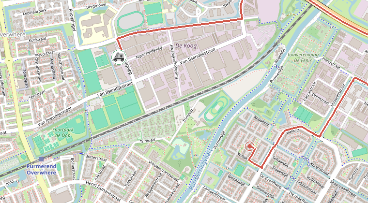 Kaart van de omgeving van de melding, met de kazerne die is gealarmeerd
